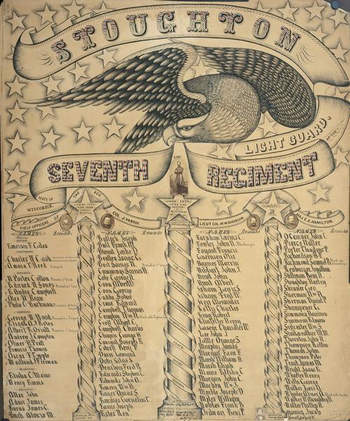 Hand-lettered Civil War commemorative roster of Company D, Seventh Wisconsin Infantry Regiment, known as the Stoughton Light Guard. The background is decorated with stars and an eagle with a banner in its beak. Photographs of the following officers have been pasted onto it: Colonel Joseph Van Dor (Milwaukee), Lt. Colonel William W. Robinson (Sparta), Major Charles A. Hamilton (Milwaukee), Captain Emerson F. Giles (Stoughton), and a 2nd Lt., probably either Amasa T. Reed (Stoughton) or Charles W. Cook (Madison).