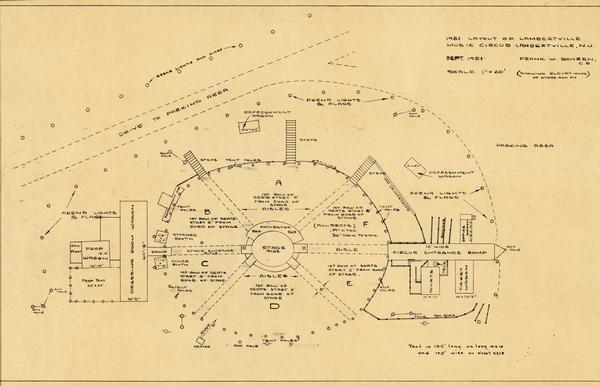 The layout plan for the Lambertville Music Circus with elevations of stage and pit.