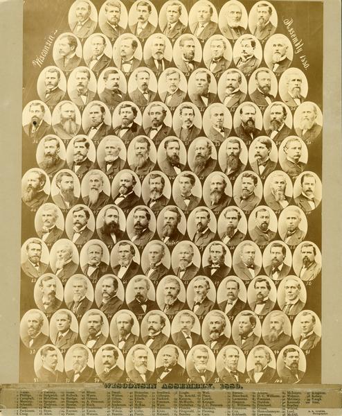 Composite of photographic portraits of the members of the Wisconsin Assembly. Along the bottom a numbered list of names identifies each man.