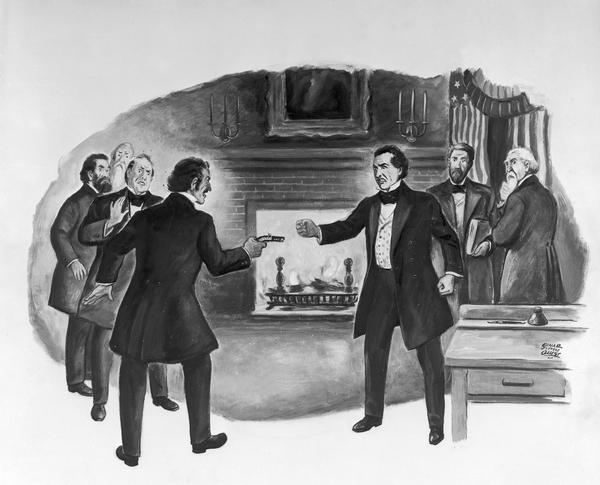 Shooting of Charles C.P. Arndt by James Vineyard in the territorial council chamber of the legislature. This depiction of the event was created by the staff artist for the <i>Milwaukee Journal</i> on April 30, 1953.