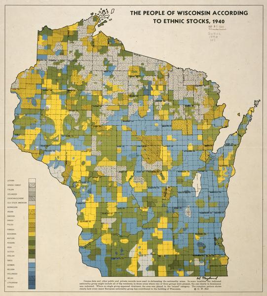Map of the people of Wisconsin according to ethnic stocks.