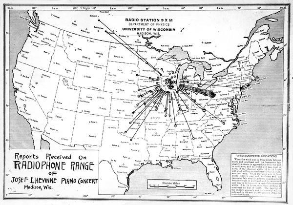 Map of the United States showing the radiophone range of radio station 9XM at the Department of Physics, University of Wisconsin at Madison during a piano concert of Josef L. Hevinne.