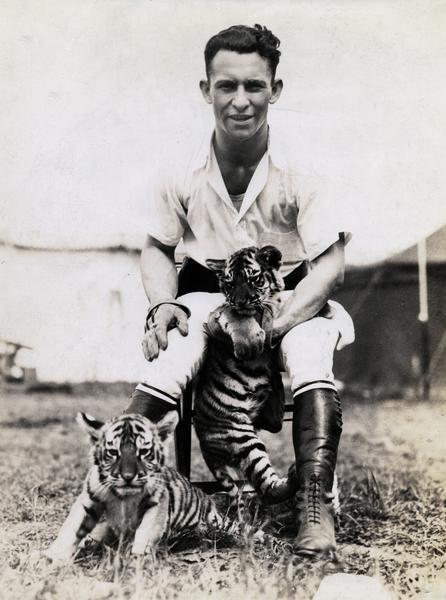 Clyde Beatty, with the Hagenbeck-Wallace Circus, sits on a chair outside a circus tent with two young tigers.