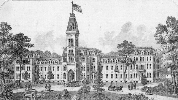 Illustration of southwest view of the National Home For Disabled Volunteer Soldiers. The institution's name changed from National Asylum For Disabled Volunteer Soldiers by federal executive order on 1 March, 1873.