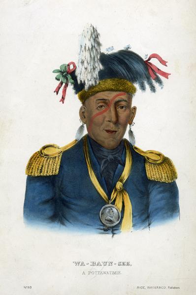 Wau-Baun-See, a hand-colored lithographic portrait of a Potawatamie Indian.  This image from McKenney & Hall's "History of the Indian Tribes," (1849-1850) is part of an exhibit about Native Americans prepared by Paul Vanderbilt, the Wisconsin Historical Society's first curator of photography.