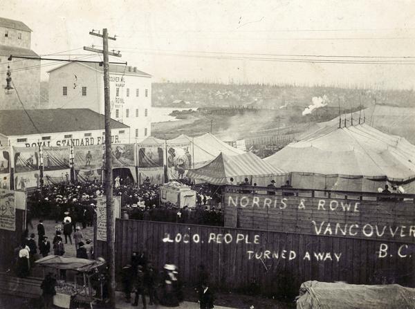 An overview of the Norris & Rowe Circus setup on tour in Vancouver, B.C., Canada.  The show toured Canada and Mexico and played to packed houses.