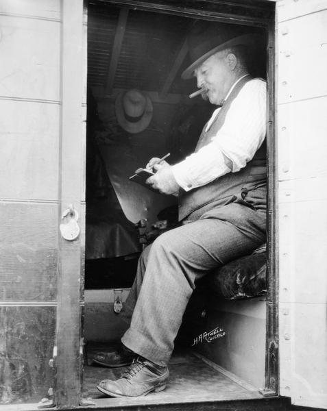 James Whalen, boss canvasman with the Ringling Brothers circus, at work in a van.