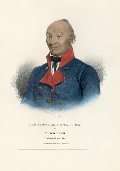 Mac-Cut-I-Mish-E-Ca-Cu-Cac or Black Hawk, a celebrated Sac (Sauk) Chief. Hand-colored lithograph from the Aboriginal Portfolio, drawn at Detroit (1833).