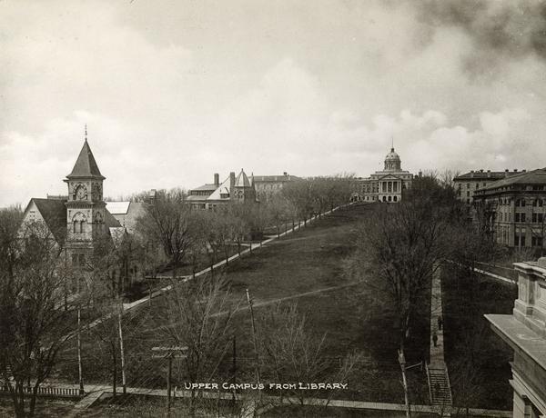 The view of Bascom Hill and upper campus of the University of Wisconsin Madison seen from the roof of the Wisconsin Historical Society.