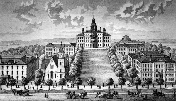 A view of what is now known as Bascom Hill including Main Hall (Bascom Hall), North Hall, Music Hall, Science Hall, South Hall, Washburn Observatory and Woodman Astronomical Library from the bottom east side.