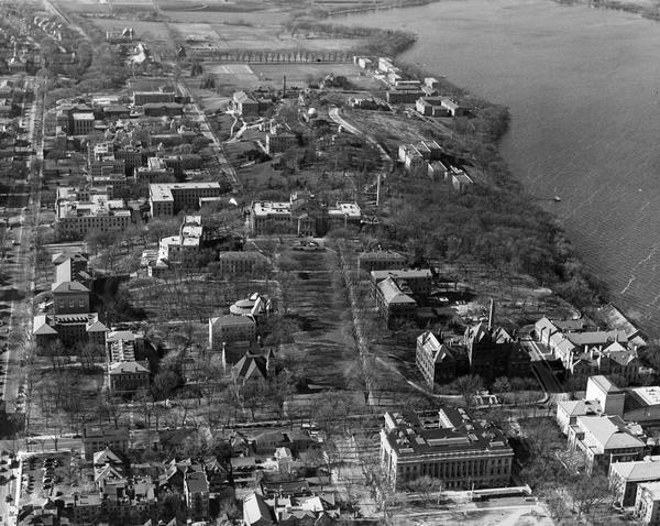 Aerial view of Bascom Hill, Bascom Hall, Wisconsin Historical Society on the University of Wisconsin Madison campus with Lake Mendota on the right.