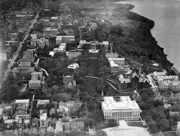 Aerial view of the Wisconsin Historical Society, Science Hall, and Bascom Hall on Bascom Hill on the University of Wisconsin-Madison campus. Lake Mendota is on the right.