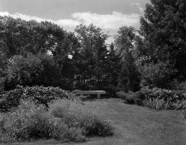 View of Babcock Memorial Garden on the University of Wisconsin campus with bench.