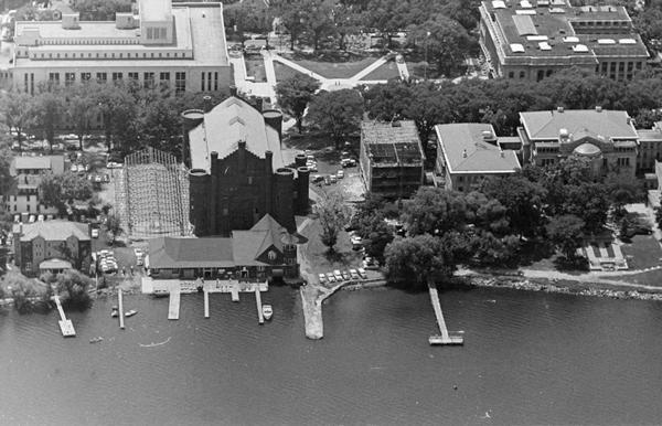 Aerial view of lower University of Wisconsin-Madison campus with demolition of buildings on both sides of the Armory-Gymnasium to make space for future planning and construction.