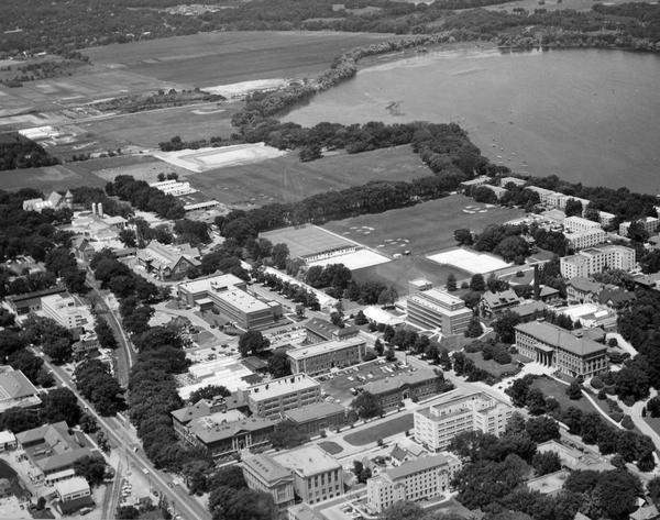 Aerial view of upper campus of the University of Wisconsin-Madison with Lake Mendota.