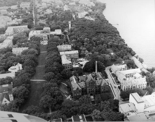 Aerial view of University of Wisconsin-Madison campus with Bascom Hill area, Observatory Drive and Lake Mendota.