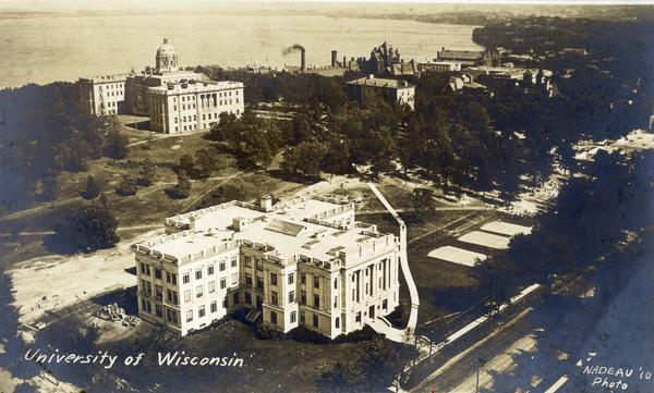 Elevated view of Bascom Hill on the University of Wisconsin-Madison campus from the south between the Chemistry Building and Lake Mendota.