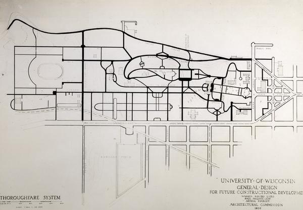 Drawing of the general design for future constructional development of the thoroughfare system on the University of Wisconsin campus by the Architectural Commission.