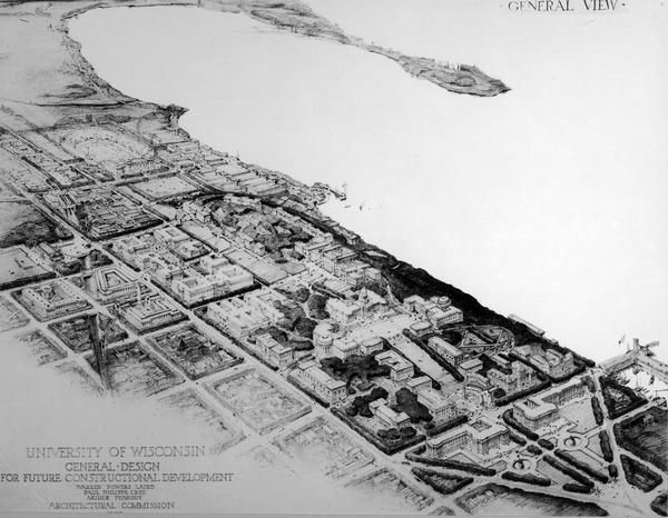 General design for future construction development of the University of Madison campus with the general view of the campus by the Architectural commission.