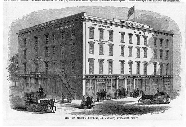 Illustration of the new museum building, also known as "Bruen's Block," on the corner of East Washington Avenue and South Pinckney Street. Named for W.D. Bruen, of Newark, NJ, who financed the building. This building housed the Wisconsin Natural History Association Museum, The Wisconsin State Journal office, and a number of commercial establishments.
