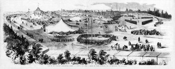 Panoramic sketch of the first Wisconsin State Fair held in Madison with large tents, fire companies, side-shows, and performances that drew thousands of visitors. The fair, which was held at the grounds that became better known as Camp Randall during the Civil War, was sponsored by the Wisconsin State Horticultural Society, a private organization that continued to sponsor the state fairs until 1897. This illustration appeared in <i>Frank Leslie's Illustrated Newspaper</i>.