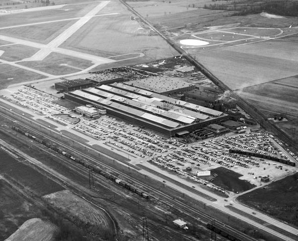 Aerial view of International Harvester's Evansville Works factory complex. The Evansville Works produced refrigerators, freezers and air conditioners.