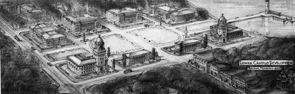 Drawing of lower campus development of the University of Wisconsin Madison campus, designed by Arthur Peabody.  Left to right along Lake Street are the Music building, Finance and Administration building, and the Applied Arts building. To the rear is a proposed plaza and theater, and a new library. The Memorial Union building was the first new structure erected under this design.