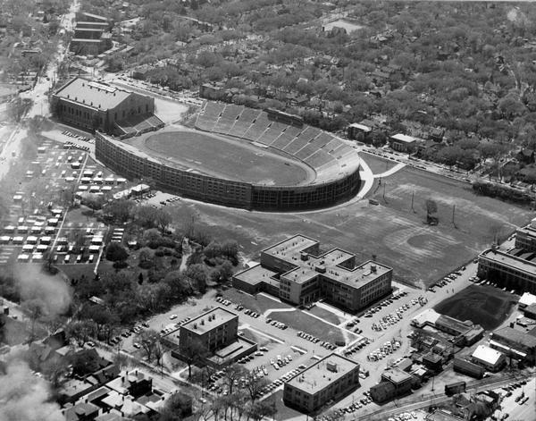 Aerial view of Camp Randall Stadium and Field House on the University of Wisconsin-Madison campus.