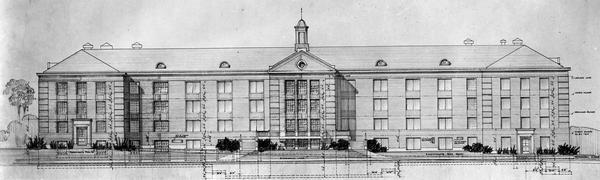 Drawing of the general design by the Architectural Commission for the future development of the short course agricultural students dormitory.