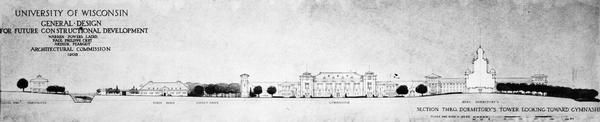 Drawing of the general design development by the Architectural Commission with Horse Barn, Linden Drive, Gymnasium, and Men's Dormitory on the University of Wisconsin Campus.