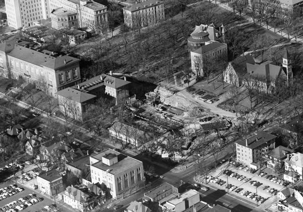 Aerial view of the construction of Chadbourne Hall, lower Bascom Hill on the University of Wisconsin campus.