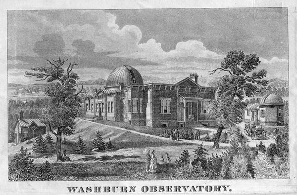 Washburn Observatory on the University on Wisconsin-Madison campus, with pedestrians on the surrounding grounds.