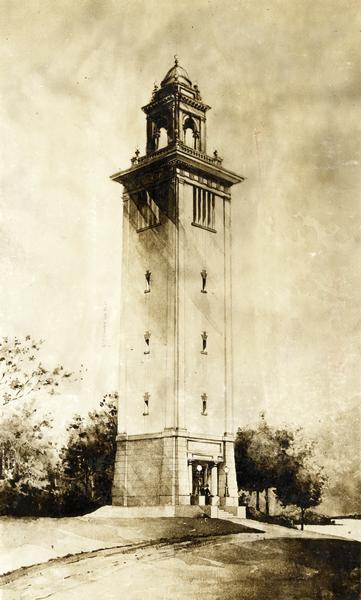 Drawing of the University of Wisconsin-Madison Memorial Carillon Tower, designed by J.T.W. Jennings.