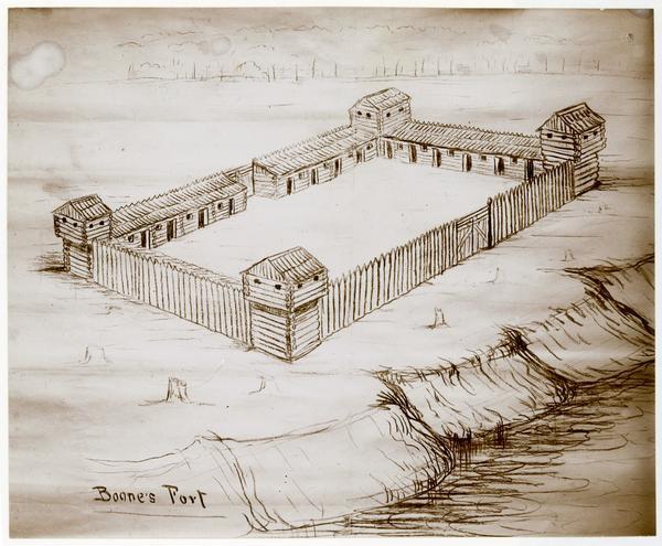 Drawing of Fort Boonesborough, built by Daniel Boone in 1775.