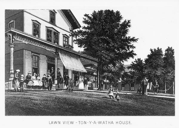 Illustration of people standing in front of the popular tourist resort Tonyawatha House from a book of two-tone lithograph views of Madison. About 1885 the name was changed to Tonyawatha Spring Hotel.