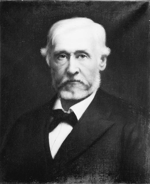 Quarter-length portrait of John A. Johnson, painted by James Reeve Stuart. Johnson was a prominent Norwegian immigrant who became a farmer, newspaper journalist, Dane County Clerk, and state representative, among other occupations.