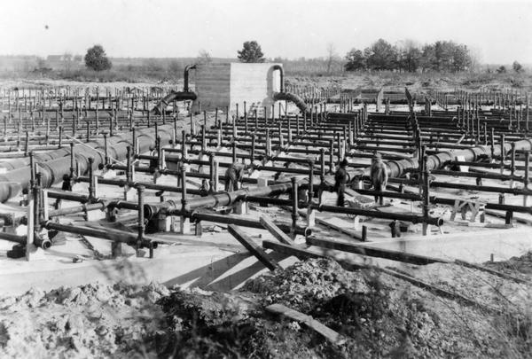 The sprinkling filters under construction at the sewage disposal plant.