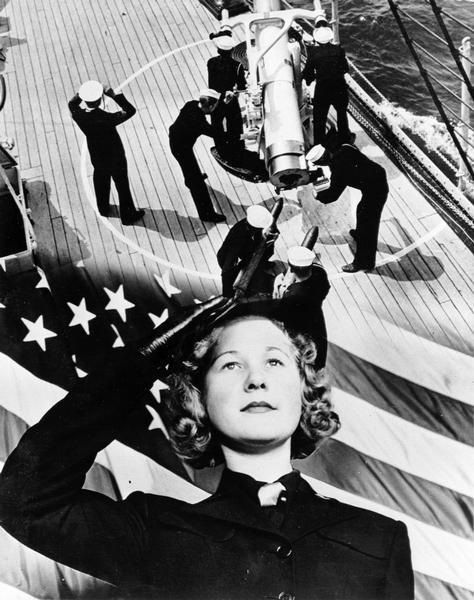 WAVES (Women Accepted for Volunteer Emergency Service) soldier saluting superimposed in front of an image of the American Flag and a gun crew on a ship.