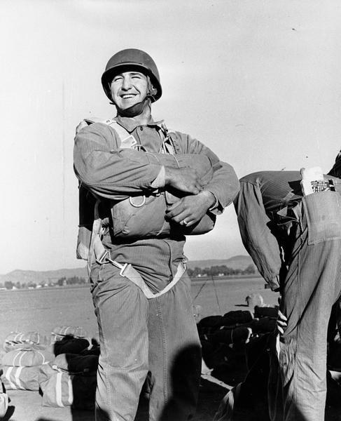 Captain Robert L. McCahill, Marine parachute officer and Marquette University football star, in his parachute gear.  McCahill was killed in action during World War II on Iwo Jima, 1945.