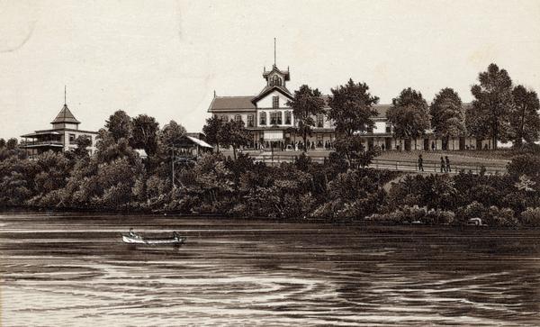 Illustration of the exterior of the tourist resort Tonyawatha Spring Hotel (an earlier version was called Tonyawatha House) from across Lake Monona. There is a man in a row boat on the water.