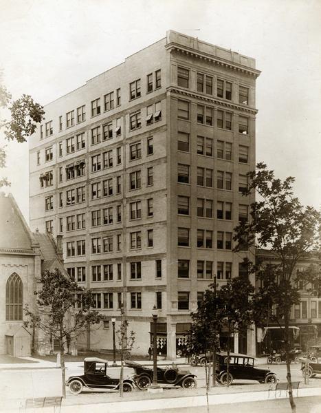 Exterior view of the neoclassical Gay Building, named after Madison developer Leonard W. Gay, at 16 N Carroll Street, one of the first high-rise buildings in Madison.
