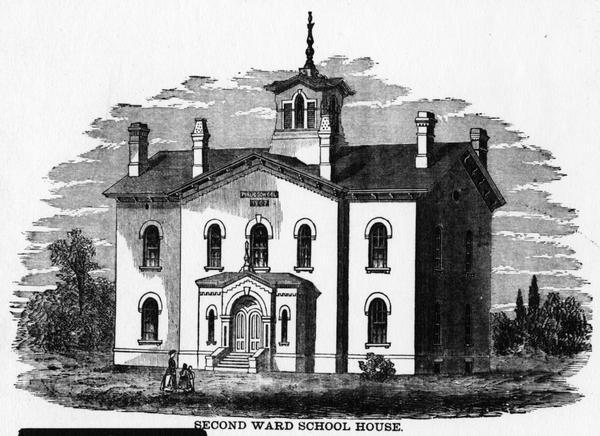 Illustration of the exterior of the Second Ward School House, copied from the 1868 Madison City Directory.
