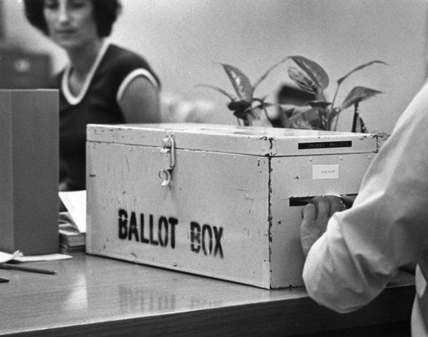 Ballot box collects the vote by absentee ballot in the City County building.