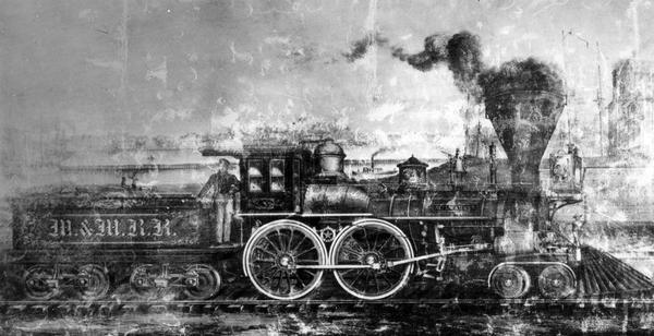 Drawing of an early locomotive that the Milwaukee and Mississippi Railroad rebuilt to run on the M.& M. R.R. line (which was later absorbed into the Chicago, Milwaukee and St. Paul Railroad).