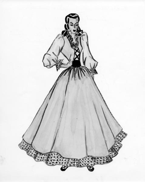 A sketch of the winning dress designed by Betty Lou Jahn of Milwaukee for the first Alice in Dairyland in 1948. Not only was the design worn by the first Alice but also by a large mechanical Alice in the Alice in Dairyland exhibit at the Wisconsin Centennial Exposition.