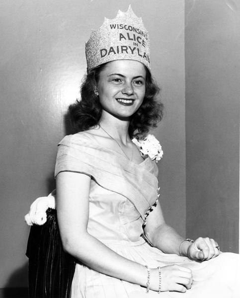 LaVonne Hermann of Mount Horeb, the 1949 Alice in Dairyland, is shown in a formal pose, wearing her crown.