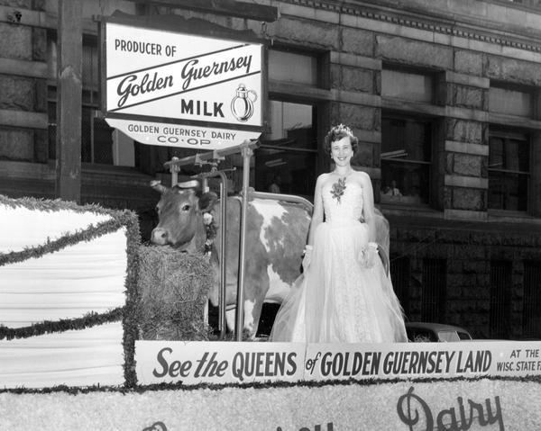 Alice in Dairyland, Mary Ellen Jenks, stands with a cow on a float representing the Golden Guernsey Dairy Co-op in the Dairy Parade at the Wisconsin State Fair of 1953.