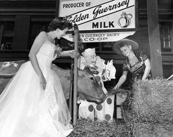 Mary Ellen Jenks, Alice in Dairyland in 1953, dressed in a formal gown, standing with a cow, a clown, and another woman in a Golden Guernsey display.