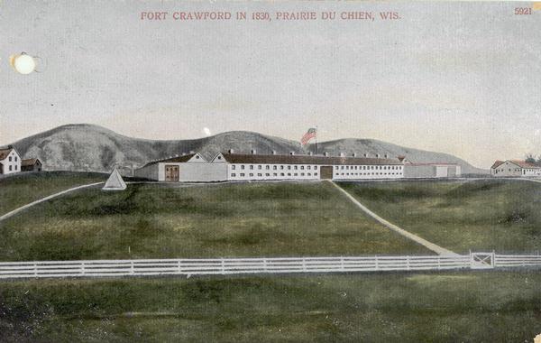 Illustration of Fort Crawford. Caption reads: "Fort Crawford in 1830, Prairie Du Chien, Wis."
