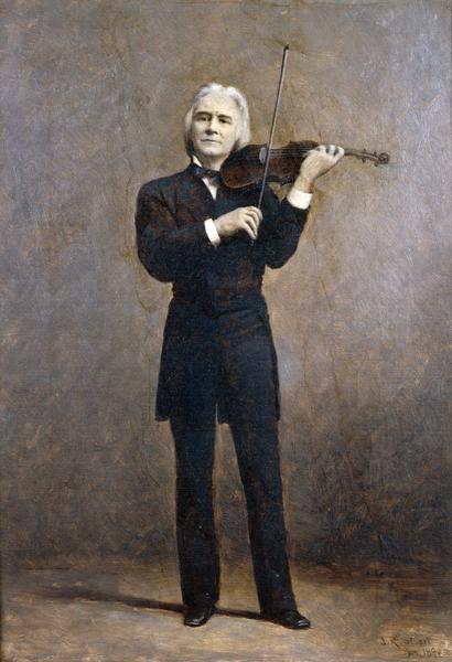Portrait of Ole Bull in a suit holding a violin, poised to play.